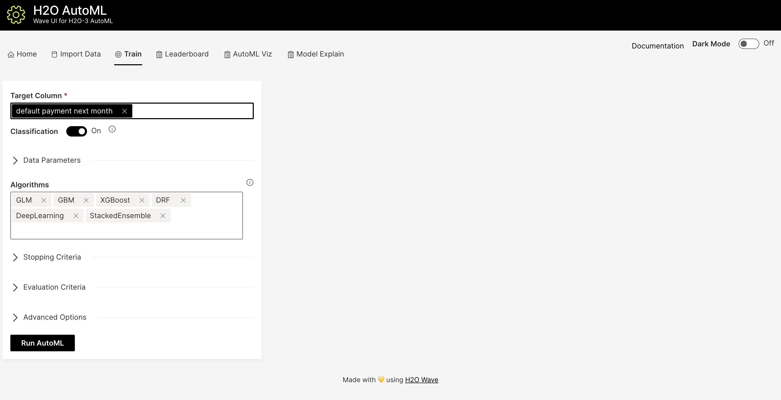 H2O AutoML Wave UI
