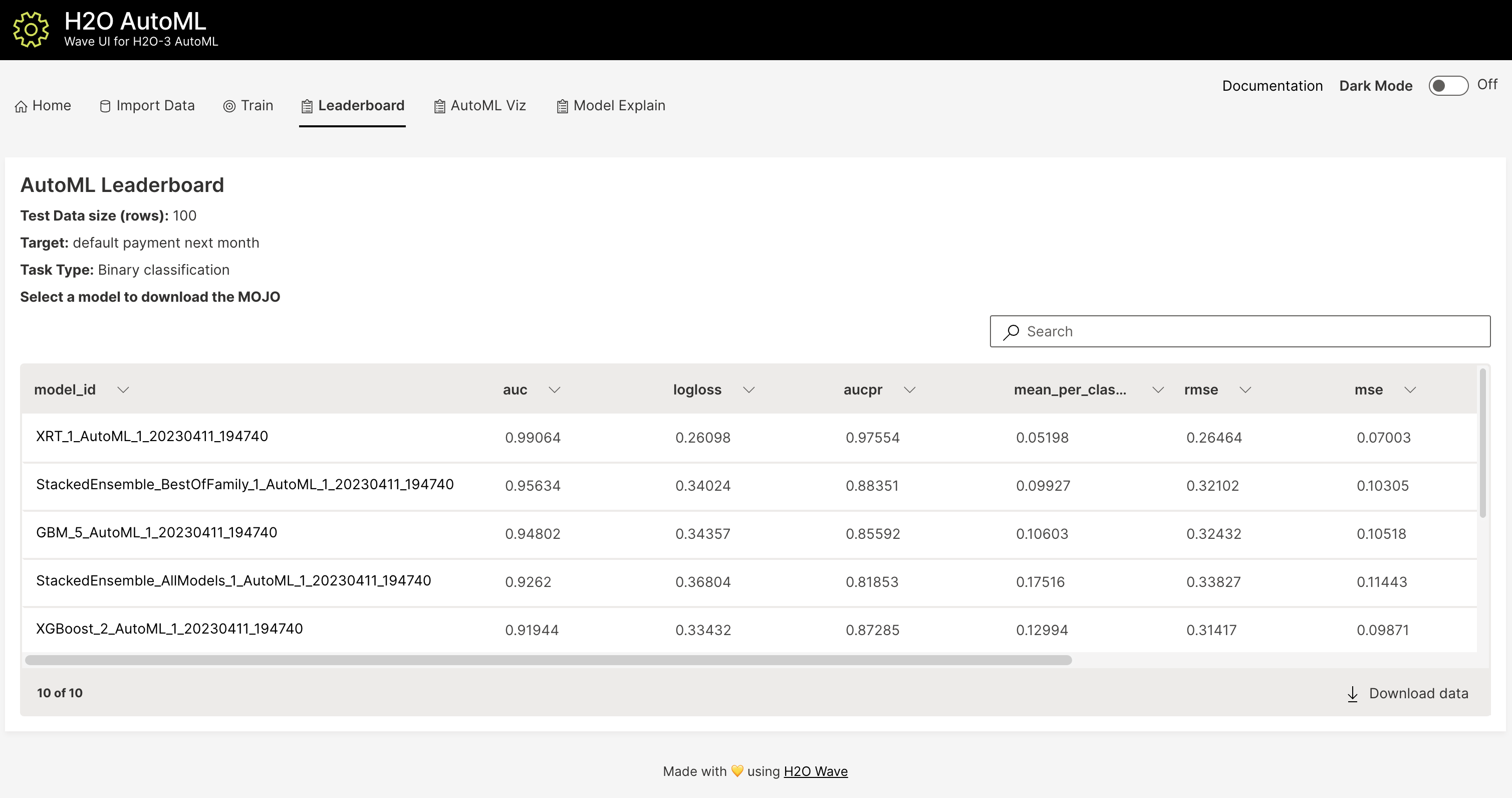 H2O AutoML Wave UI
