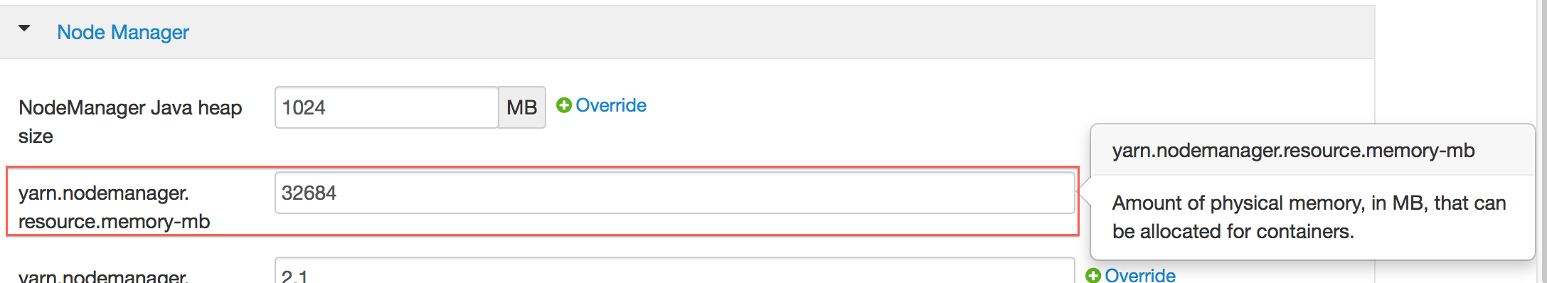 Ambari configuration node manager section with the yarn.nodemanager.resource.memory-mb section highlighted in red.