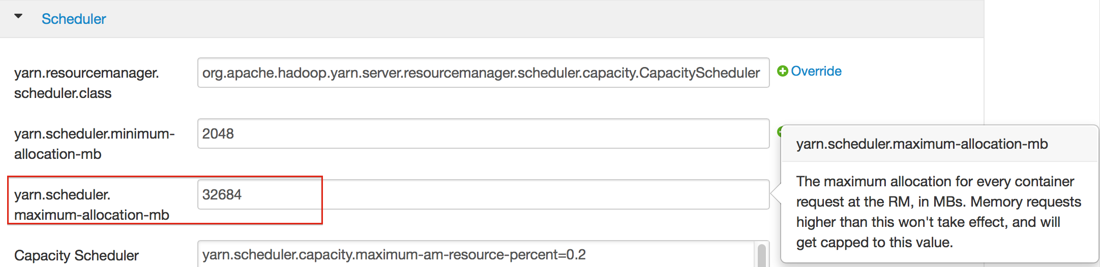 Ambari configuration scheduler section with the yarn.scheduler.maximum-allocation-mb section highlighted in red.