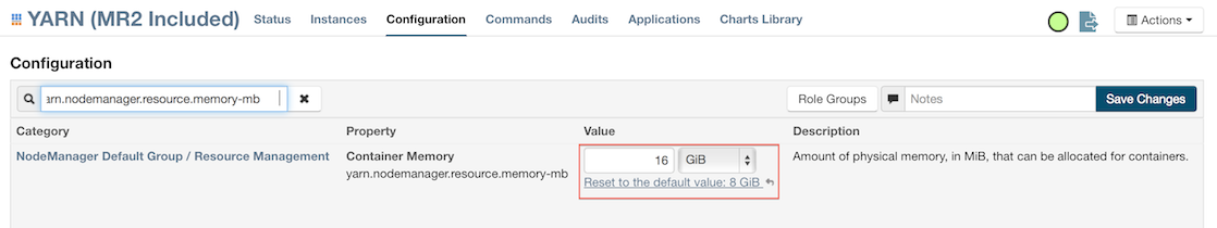 Cloudera configuration page with the value setting highlighted in red.