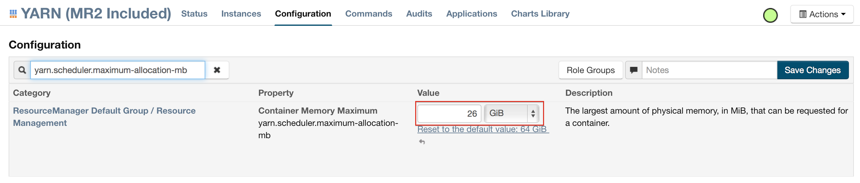 Cloudera configuration page with the value setting highlighted in red.