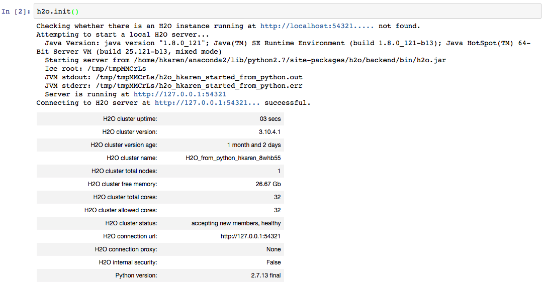 Initialize H2O-3 command and the following printout with H2O-3 cluster information.