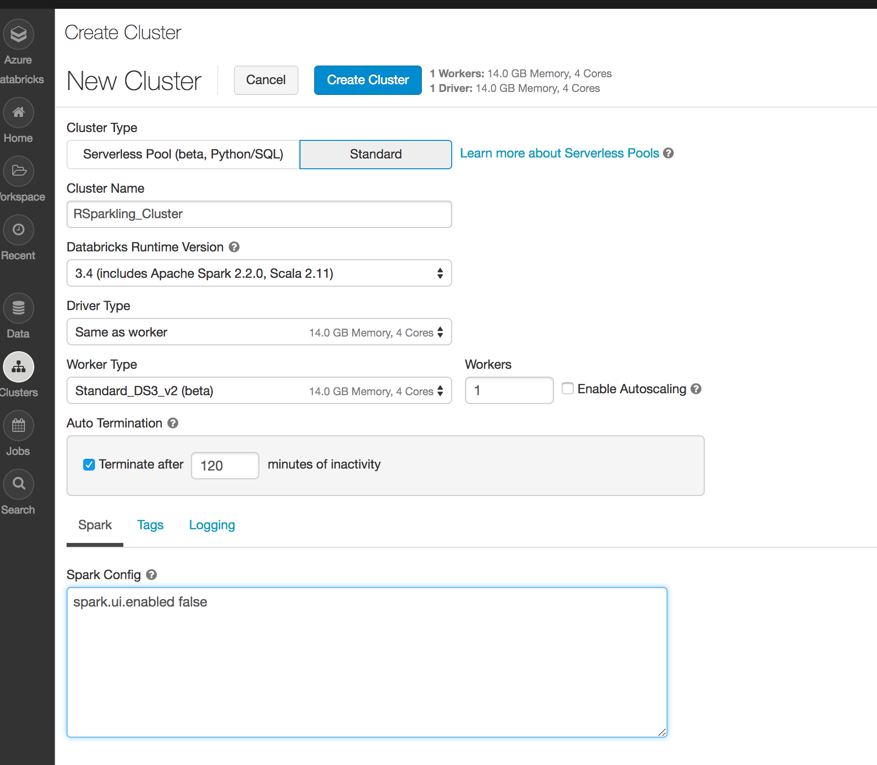 Example of configured cluster ready to be started